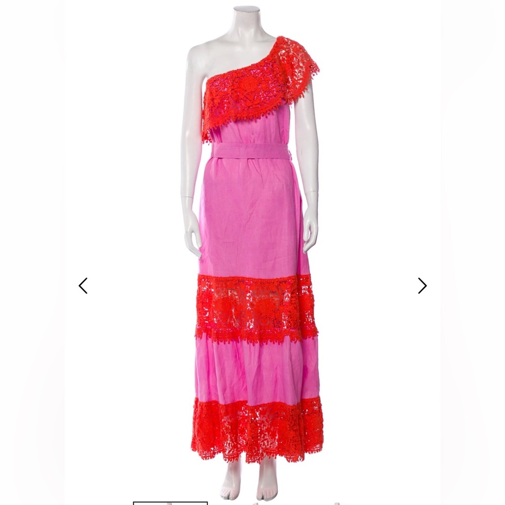 Vibrant Pink and Orange Linen and  Lace Maxi Dress